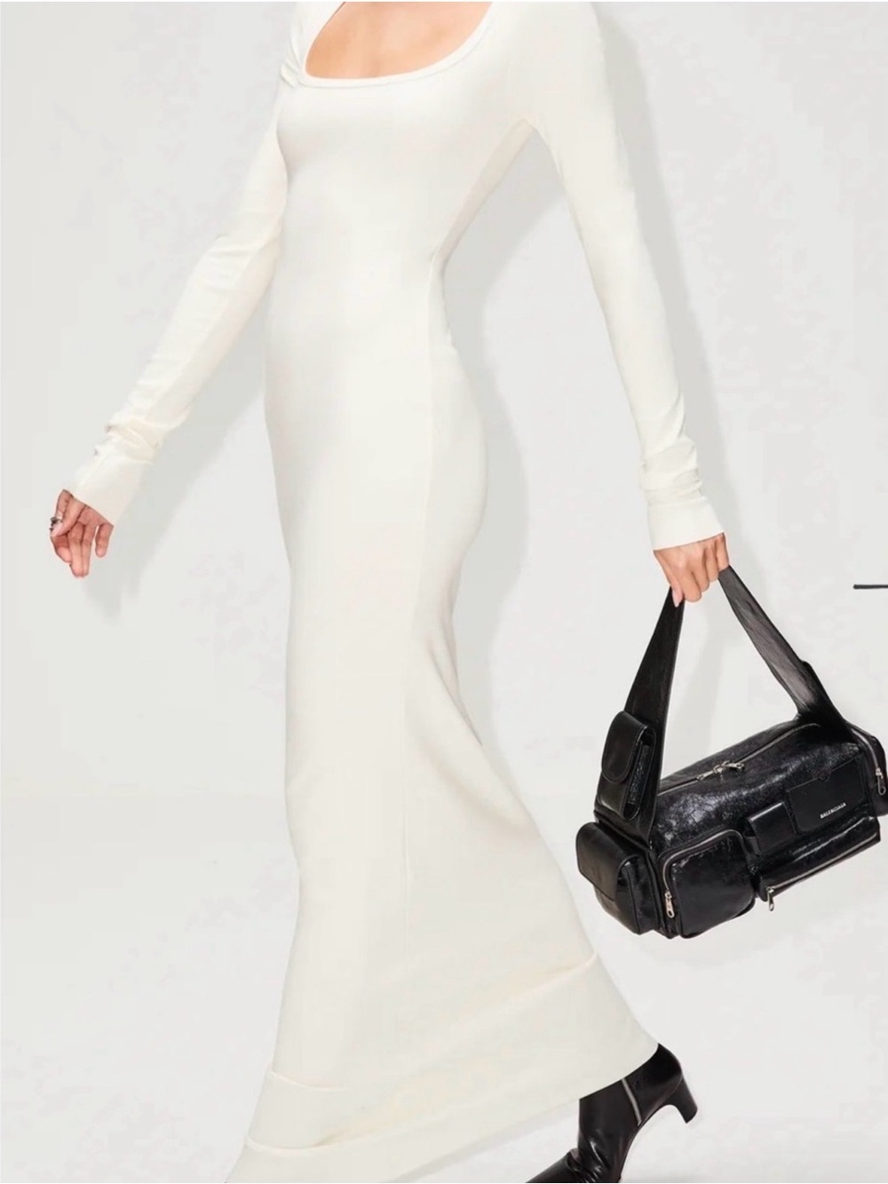 Eterne square neck long dress Minimal Long Sleeve Maxi Dress in Cream - Picture 2 of 2